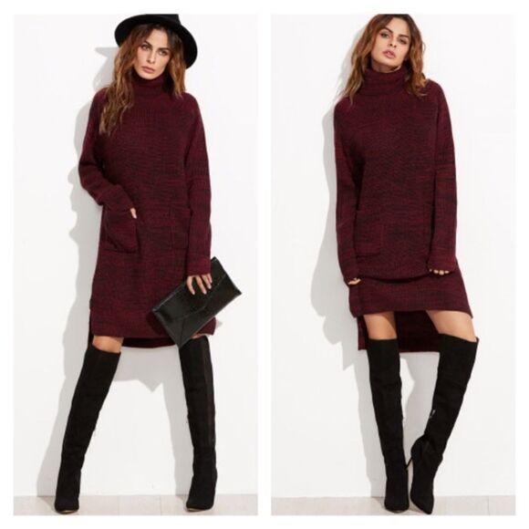 HP-Burgundy Knit Turtleneck High Low Sweater Dread - Picture 4 of 4